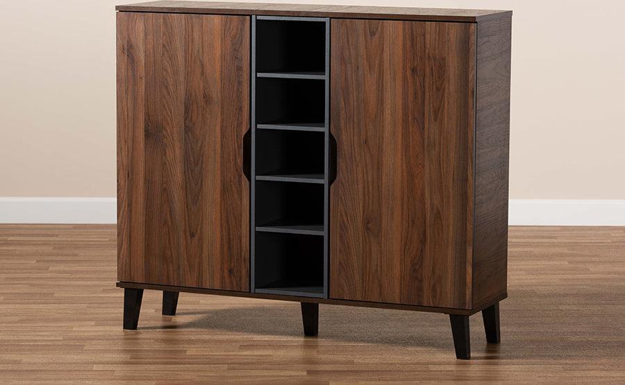 Wholesale Interiors Shoe Storage - Idina Mid-Century Modern Two-Tone Walnut Brown and Grey Wood 2-Door Shoe Cabinet