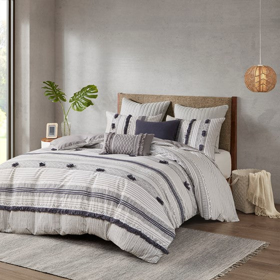 Olliix.com Duvet & Duvet Sets - 3 Piece Cotton Duvet Cover Set Gray/Navy Full/Queen