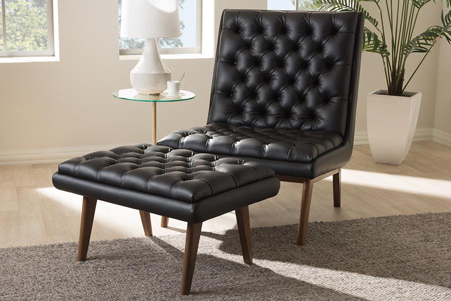 Wholesale Interiors Living Room Sets - Annetha Mid-Century Modern Black Faux Leather Walnut Wood Chair And Ottoman Set