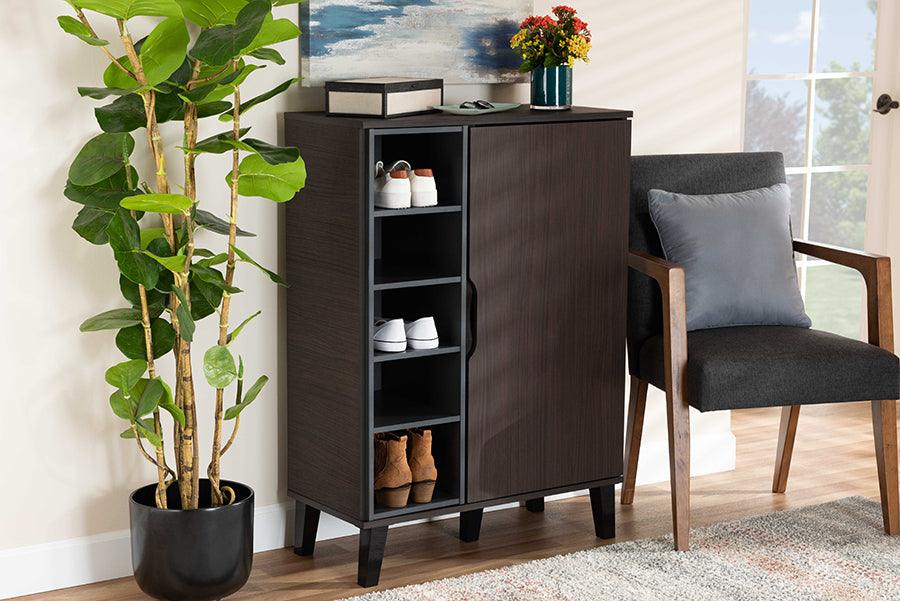 Wholesale Interiors Shoe Storage - Idina Two-Tone Dark Brown and Grey Finished Wood 1-Door Shoe Cabinet