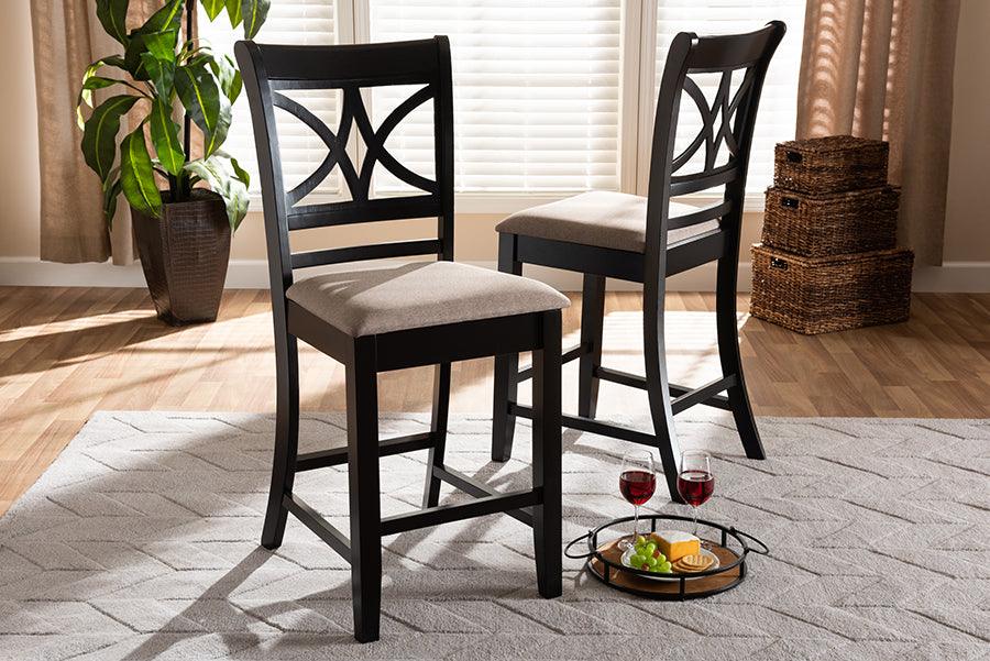 Wholesale Interiors Barstools - Chandler Sand Fabric Upholstered And Brown Finished Wood 2-Piece Counter Height Pub Chair Set
