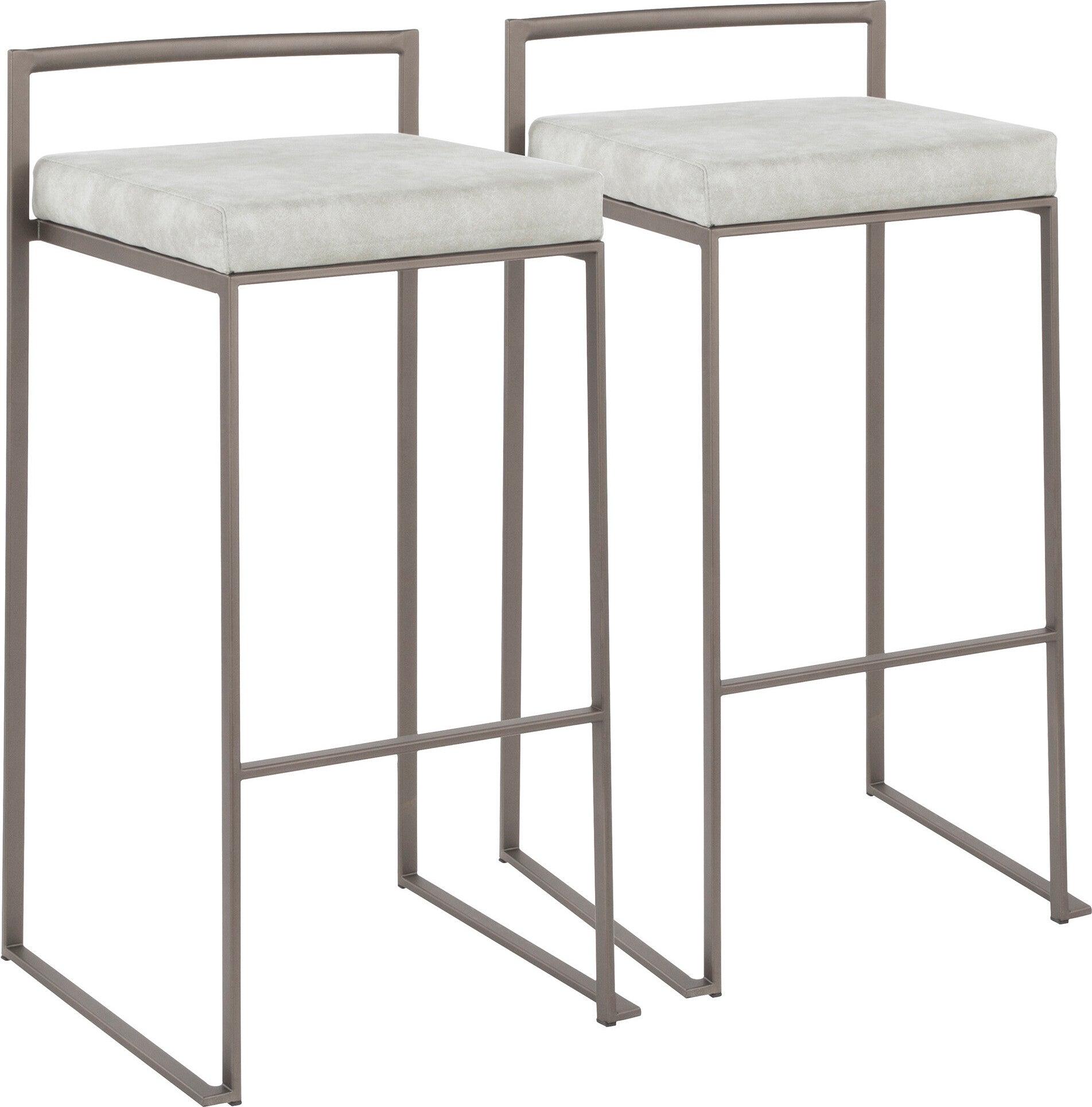 Lumisource Barstools - Fuji Industrial Stackable Barstool in Antique with Light Grey Cowboy Fabric Cushion (Set of 2)