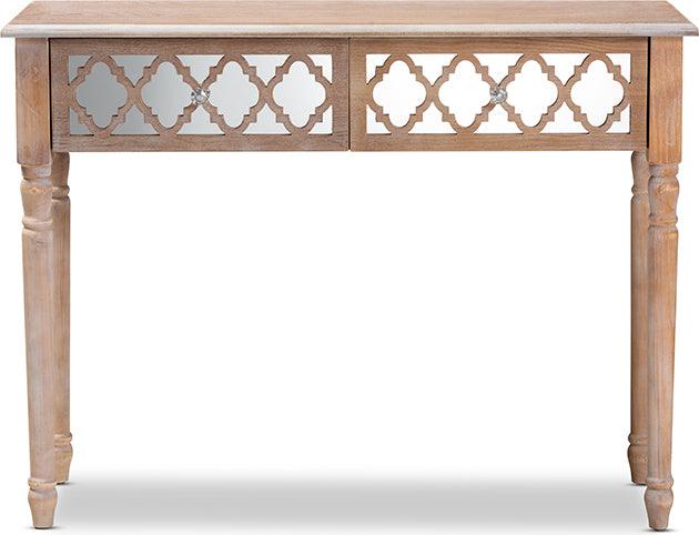 Wholesale Interiors Consoles - Celia Rustic French Country White-Washed Wood and Mirror 2-Drawer Quatrefoil Console Table