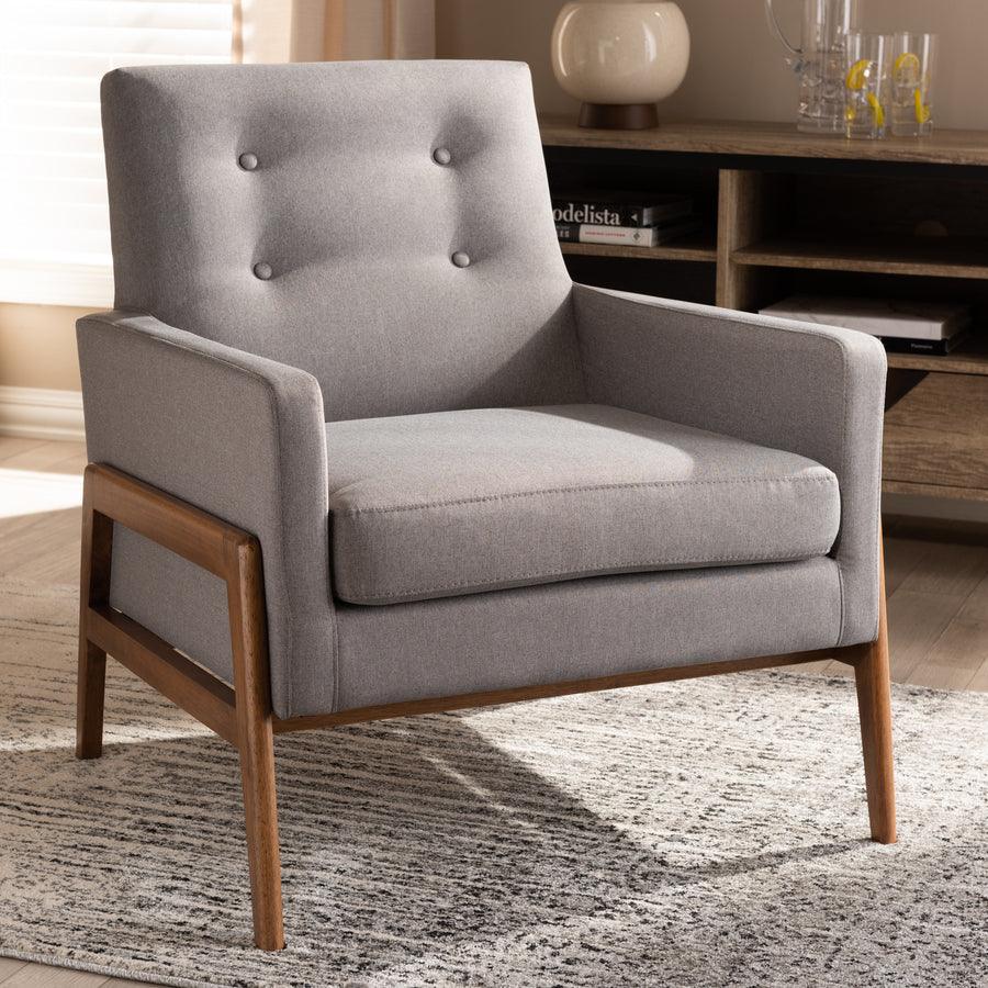 Wholesale Interiors Accent Chairs - Perris Mid-Century Modern Gray Fabric Upholstered Walnut Wood Lounge Chair