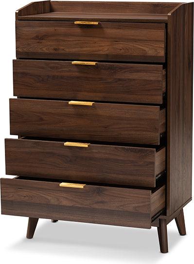 Wholesale Interiors Chest of Drawers - Lena Mid-Century Modern Walnut Brown Finished 5-Drawer Wood Chest