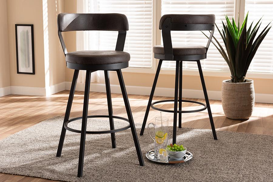 Wholesale Interiors Barstools - Arcene Rustic and Industrial Antique Grey Fabric 2-Piece Swivel Bar Stool Set
