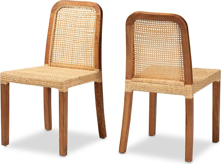 Wholesale Interiors Dining Chairs - Caspia Mid-Century Modern Walnut Brown Mahogany Wood and Natural Rattan 2-Piece Dining Chair Set