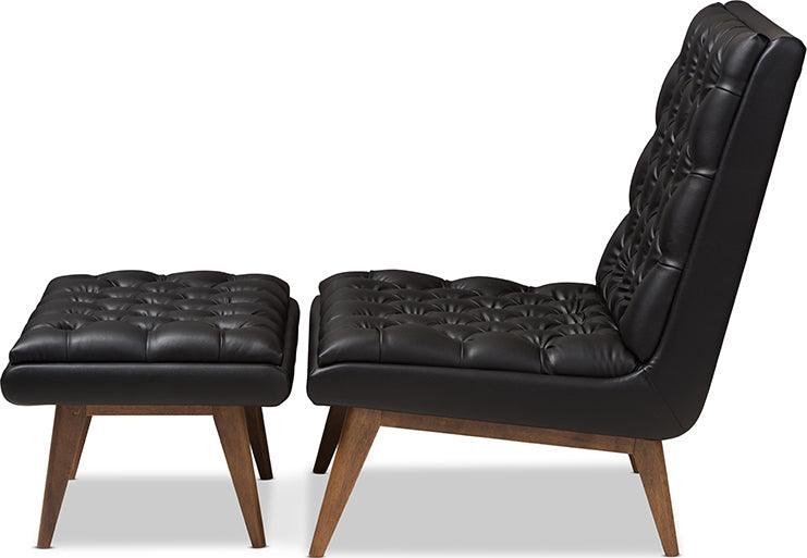 Wholesale Interiors Living Room Sets - Annetha Mid-Century Modern Black Faux Leather Walnut Wood Chair And Ottoman Set