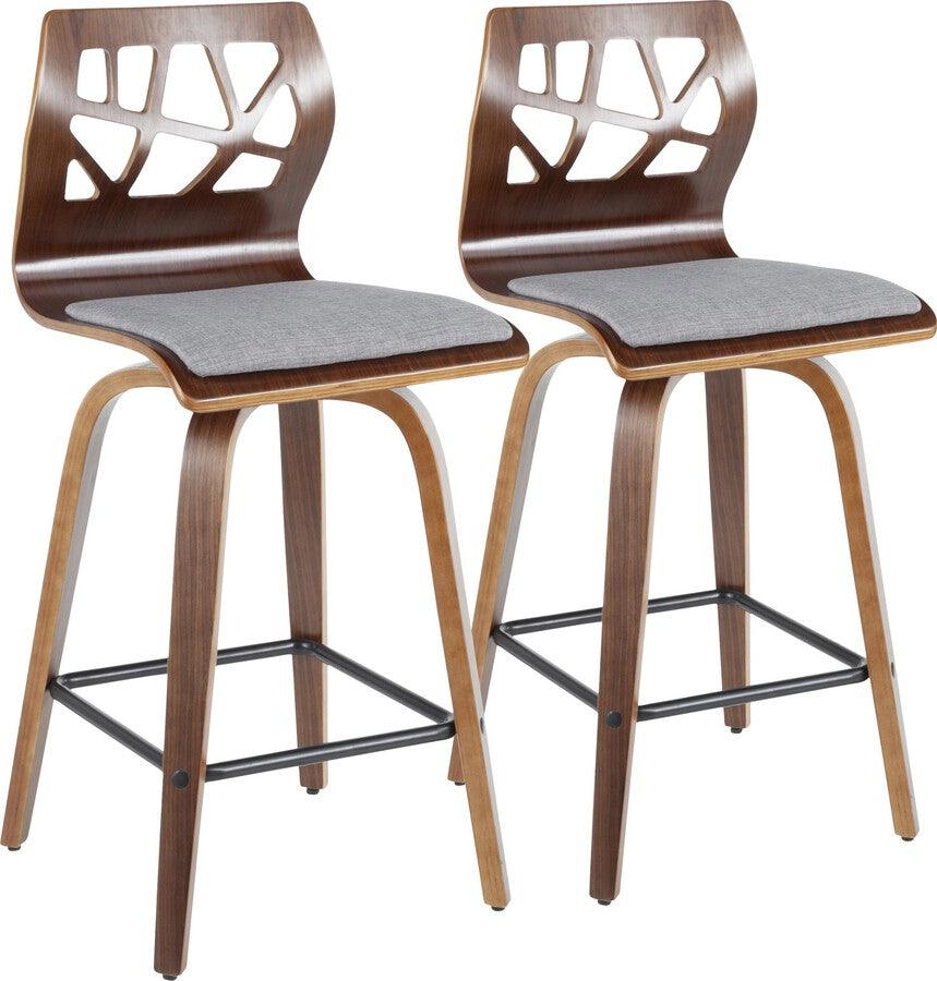 Lumisource Barstools - Folia Mid-Century Modern Counter Stool in Walnut Wood and Light Grey Fabric -set of 2