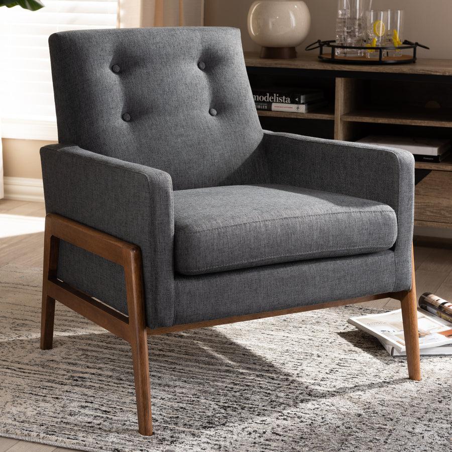 Wholesale Interiors Accent Chairs - Perris Mid-Century Modern Dark Gray Fabric Upholstered Walnut Wood Lounge Chair