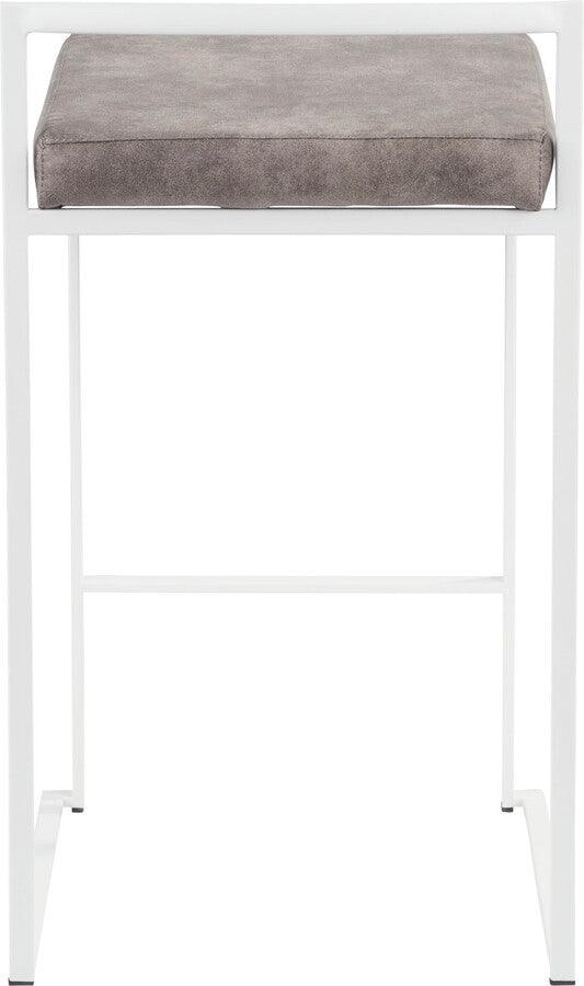 Lumisource Barstools - Fuji Contemporary Stackable Counter Stool in White with Stone Cowboy Fabric Cushion - Set of 2