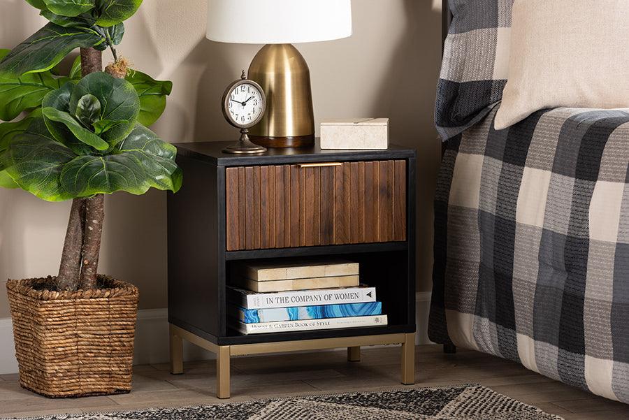Wholesale Interiors Nightstands & Side Tables - Uriel Two-Tone Natural Brown and Black Finished Wood and Brushed Gold Metal 1-Drawer Nightstand