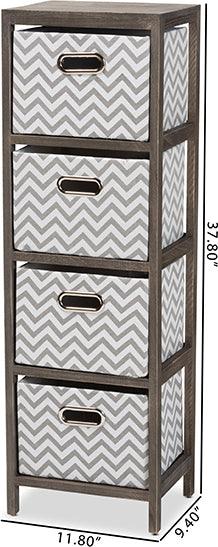 Wholesale Interiors Bedroom Organization - Jorah Modern Grey and White Fabric Greywashed Wood 4-Basket Tallboy Storage Unit
