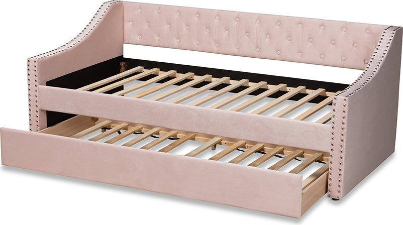 Wholesale Interiors Daybeds - Raphael Pink Velvet Fabric Upholstered Twin Size Daybed with Trundle