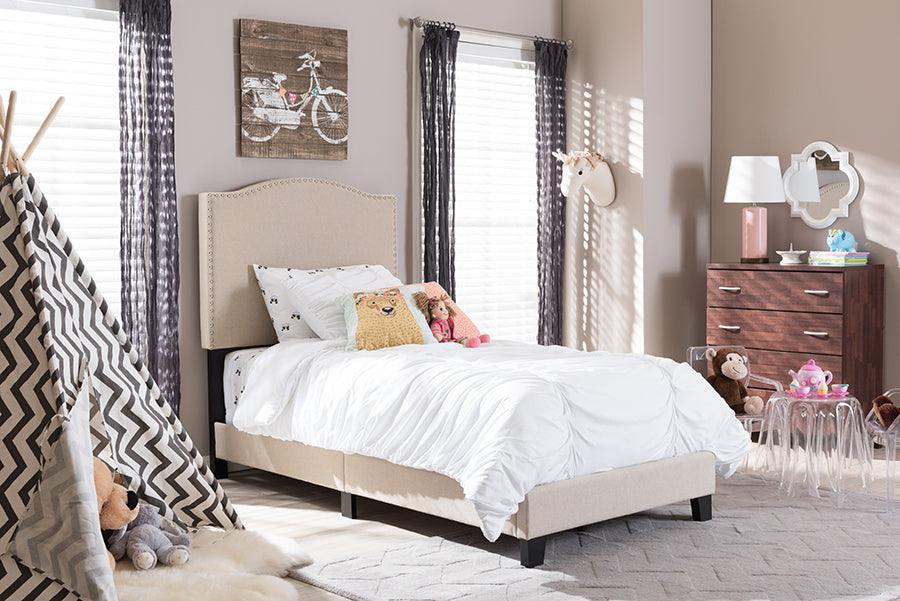 Wholesale Interiors Beds - Benjamin Beige Linen Upholstered Twin Size Arched Bed with Nail Heads