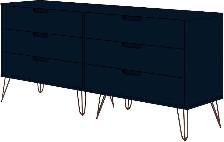 Manhattan Comfort Dressers - Rockefeller 6-Drawer Double Low Dresser with Metal Legs in Tatiana Midnight Blue