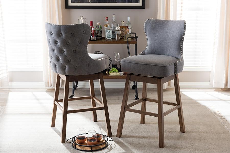 Wholesale Interiors Barstools - Gradisca Button-Tufted Upholstered Swivel Barstool Grey & Walnut Brown (Set of 2)