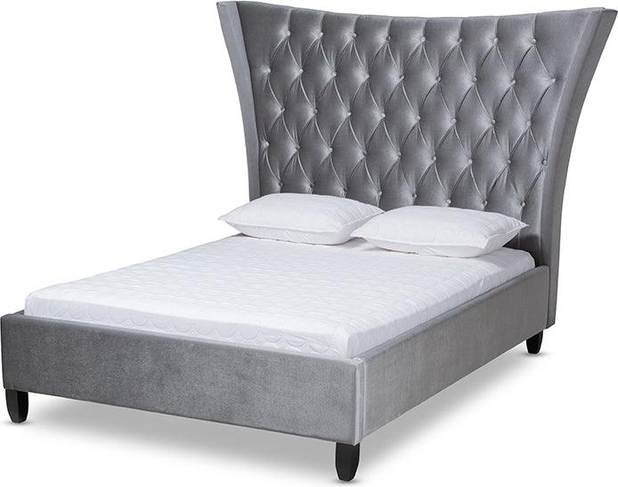 Wholesale Interiors Beds - Viola Grey Velvet Fabric Upholstered And Button Tufted King Size Platform Bed With Tall Headboard