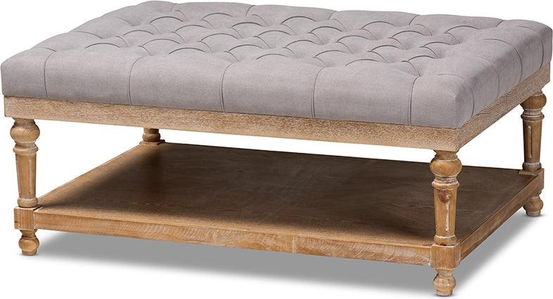 Wholesale Interiors Ottomans & Stools - Lindsey Modern and Rustic Grey Linen Fabric and Greywashed Wood Cocktail Ottoman