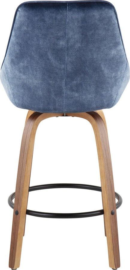 Lumisource Barstools - Diana Contemporary Counter Stool in Walnut Wood & Blue Velvet with Black Round Footrest - Set of 2