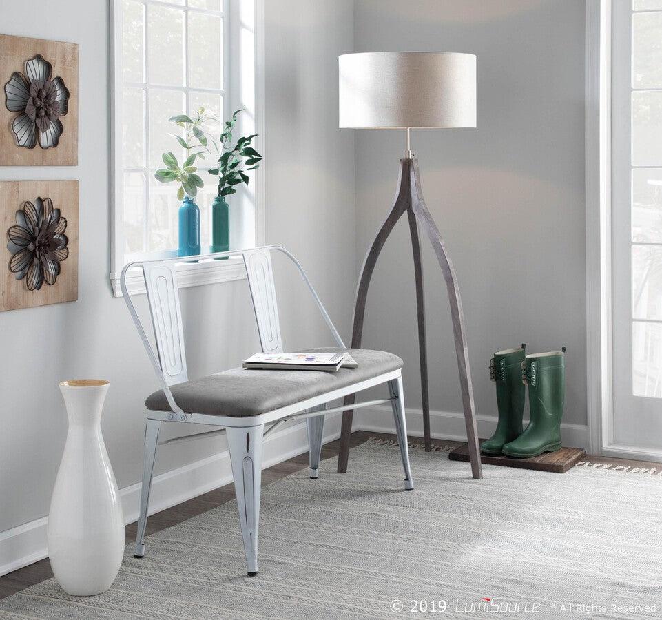 Lumisource Benches - Oregon Industrial Upholstered Bench in Vintage White Metal and Grey Cowboy Fabric