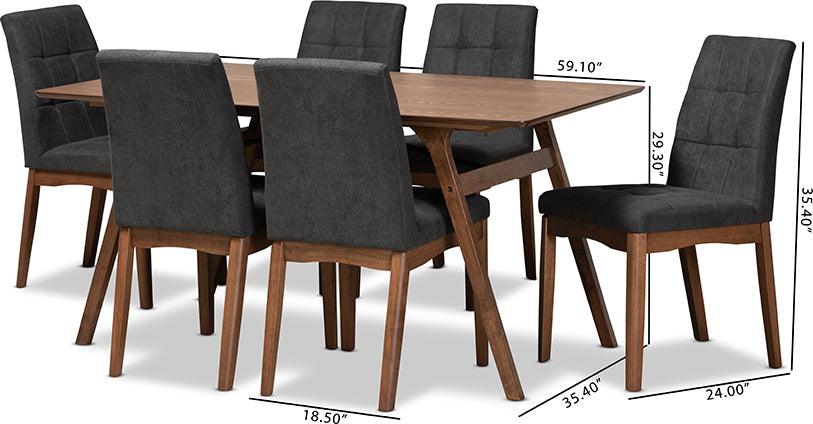 Wholesale Interiors Dining Sets - Tara Mid-Century Modern Dark Grey Fabric and Brown Wood 7-Piece Dining Set