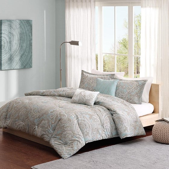 Olliix.com Comforters & Blankets - 5 Piece Cotton Comforter Set Blue Full/Queen