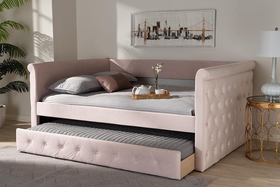 Wholesale Interiors Daybeds - Amaya Modern and Contemporary Light Pink Velvet Full Size Daybed with Trundle