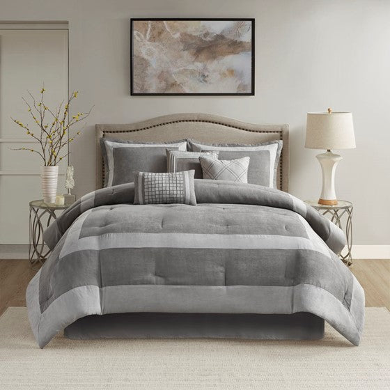Olliix.com Comforters & Blankets - 7 Piece Microsuede Comforter Set Gray Cal King