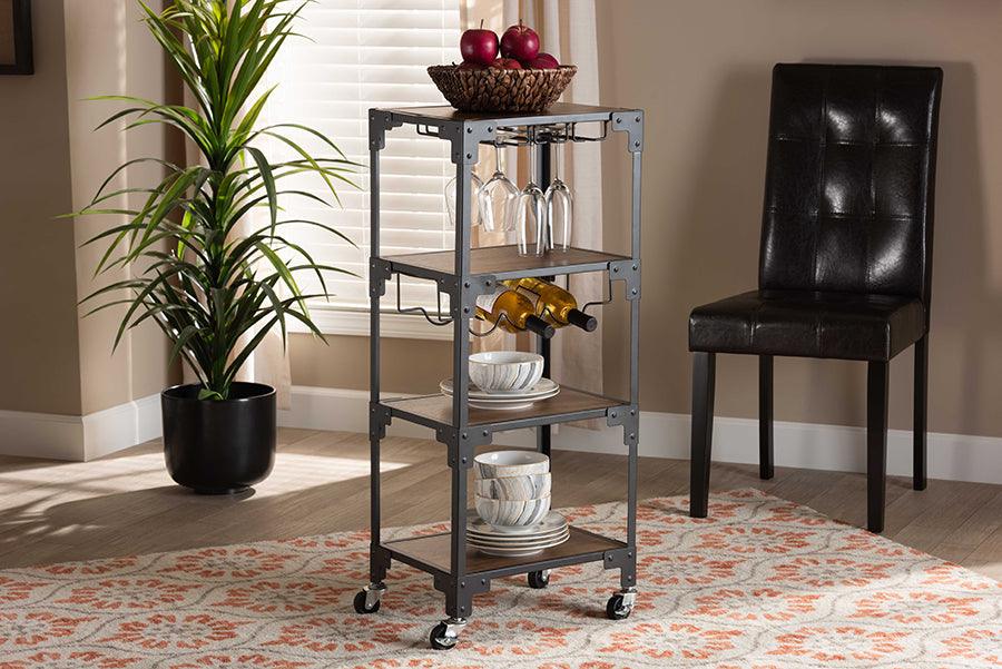 Wholesale Interiors Bar Units & Wine Cabinets - Victor Industrial Rustic Walnut Finished Wood and Black Metal 4-Tier Mobile Wine Cart