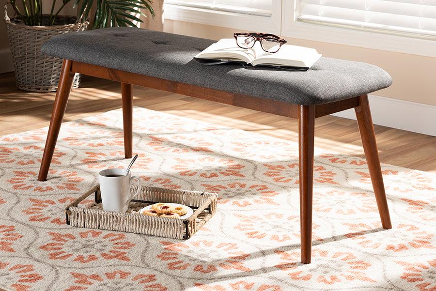 Wholesale Interiors Benches - Flora II Mid-Century Modern Grey Fabric Upholstered Finished Wood Dining Bench