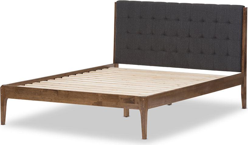 Wholesale Interiors Beds - Clifford Mid-Century Dark Grey Fabric and Medium Brown Finish Wood King Size Platform Bed