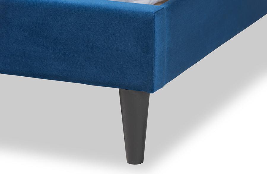Wholesale Interiors Beds - Gothard Navy Blue Velvet Fabric Upholstered and Dark Brown Finished Wood Queen Size Platform Bed