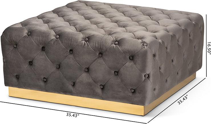 Wholesale Interiors Ottomans & Stools - Verene Glam and Luxe Grey Velvet Gold Square Cocktail Ottoman