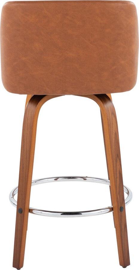 Lumisource Barstools - Toriano 26" Fixed Height Counter Stool With Swivel In Walnut Wood Camel Faux Leather Set 2