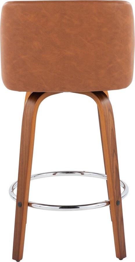 Lumisource Barstools - Toriano 26" Fixed Height Counter Stool With Swivel In Walnut Wood Camel Faux Leather Set 2