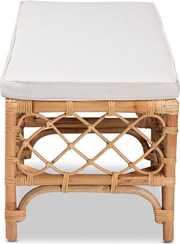 Wholesale Interiors Benches - Orchard Modern Bohemian White Fabric Upholstered and Natural Brown Rattan Bench