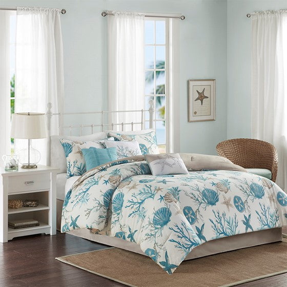 Olliix.com Comforters & Blankets - 7 Piece Cotton Sateen Comforter Set Aqua Queen