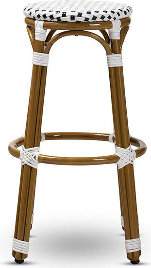 Wholesale Interiors Outdoor Barstools - Joelle Classic French Indoor and Outdoor Navy and White Bamboo Style Stackable Bistro