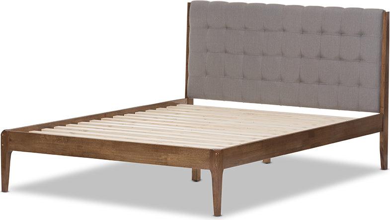 Wholesale Interiors Beds - Clifford Mid-Century Light Grey Fabric and Medium Brown Finish Wood Full Size Platform Bed
