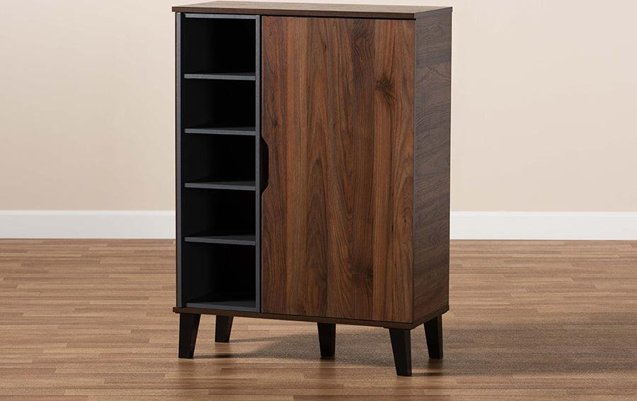 Wholesale Interiors Shoe Storage - Idina Two-Tone Walnut Brown and Grey Finished Wood 1-Door Shoe Cabinet