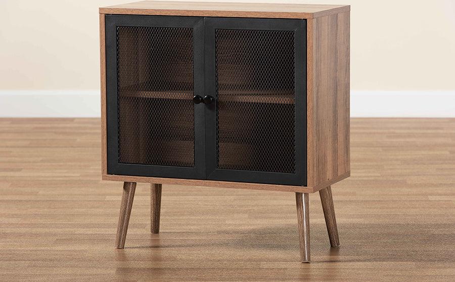 Wholesale Interiors Cabinets & Wardrobes - Yuna Mid-Century Modern Brown Wood and Black Metal 2-Door Storage Cabinet