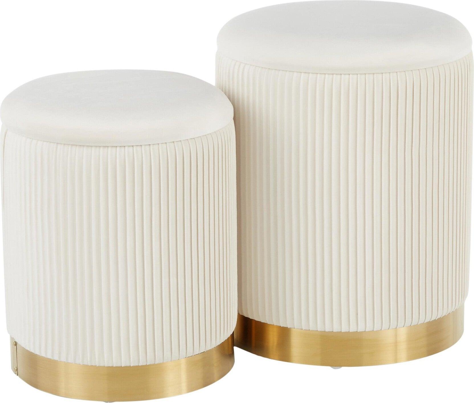 Lumisource Ottomans & Stools - Marla Contemporary Nesting Pleated Ottoman Set Gold Metal & Cream Velvet