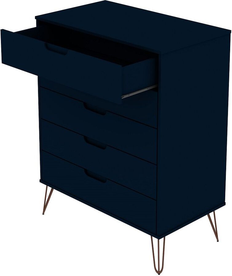 Manhattan Comfort Dressers - Rockefeller 5-Drawer Tall Dresser with Metal Legs in Tatiana Midnight Blue