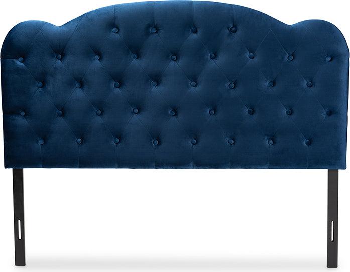 Wholesale Interiors Headboards - Clovis Navy Blue Velvet Fabric Upholstered King Size Headboard