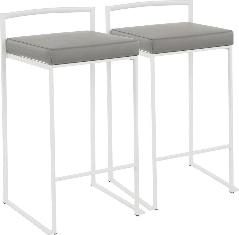 Lumisource Barstools - Fuji Contemporary Stackable Counter Stool in White with Grey Faux Leather Cushion - Set of 2