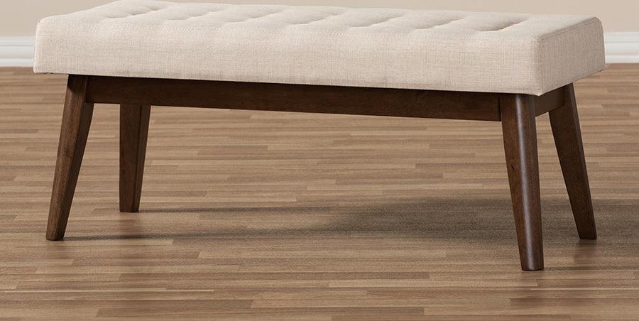 Wholesale Interiors Benches - Elia Mid-Century Modern Walnut Wood Light Beige Fabric Button-Tufted Bench