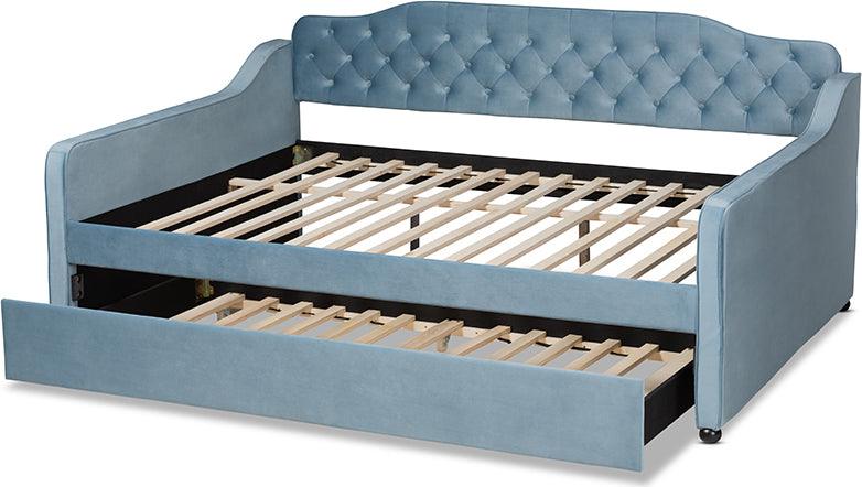 Wholesale Interiors Daybeds - Freda Contemporary Blue Velvet and Button Tufted Queen Size Daybed with Trundle