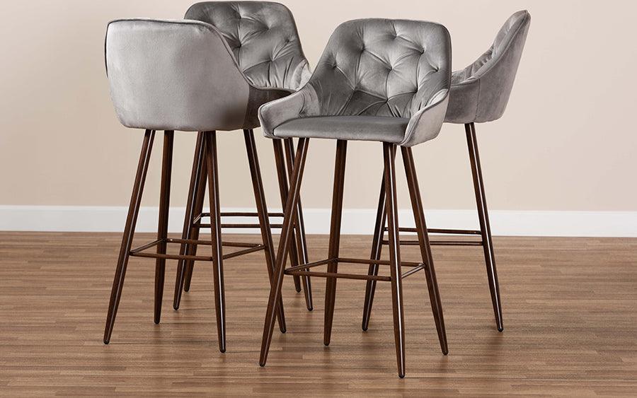 Wholesale Interiors Barstools - Catherine Modern and Grey Velvet Fabric Upholstered and Walnut Finished 4-Piece Bar Stool Set