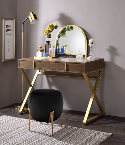 ACME Bedroom Vanity - ACME Coleen Vanity Desk w/Mirror & Jewelry Tray, Walnut & Gold Finish